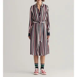 Gant Robe-chemise Rayée Ceinturée Manches Longues